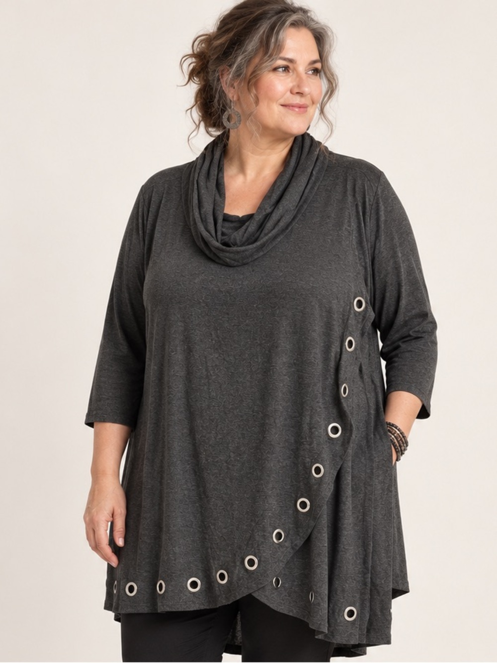 Belldini 3X Gray Cowl Neck Grommet Tunic Top Lagenlook Draped Artwear Soft Fall